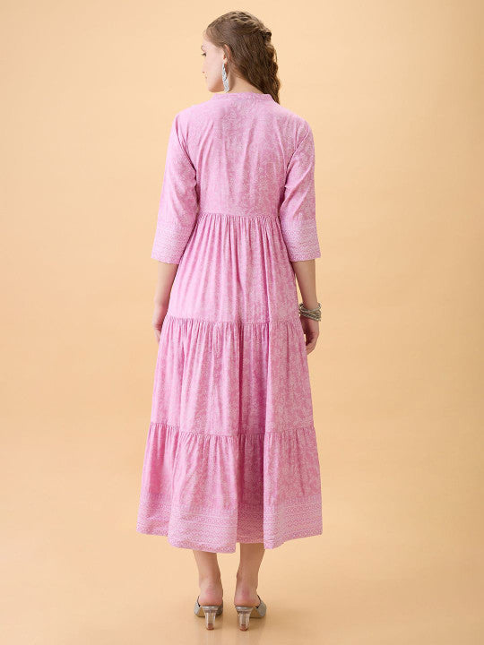 Globus Floral Printed Mandarin Collar Fit & Flare Lace Detail Tiered Cotton Maxi Dress
