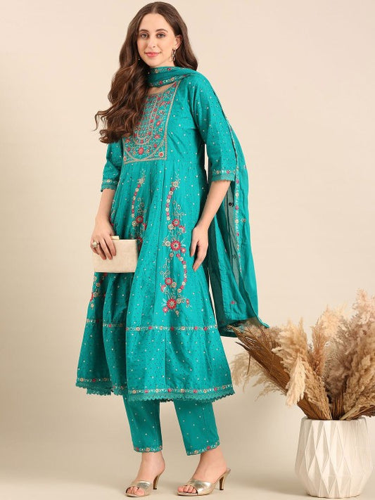 Anouk Women Floral Embroidered Regular Thread Work Pure Cotton Kurta with Trousers & With Dupatta