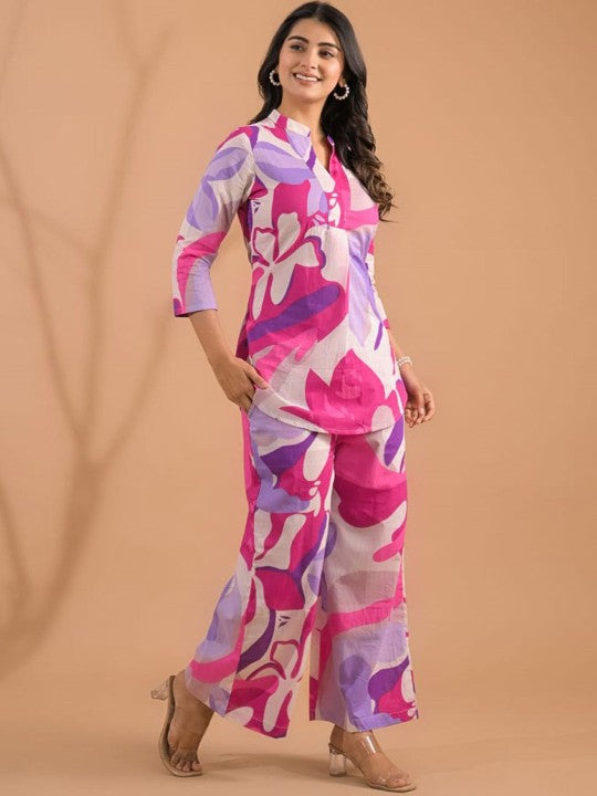 Printed Mandarin Collar Tunic With Palazzos Co-Ords
