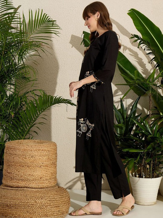 Indo Era Embroidered Round Neck Straight Pure Cotton Kurta & Trousers