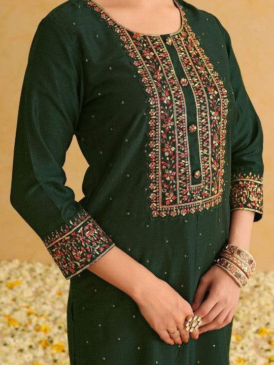 AHIKA Floral Embroidered Regular Thread Work Straight Kurta