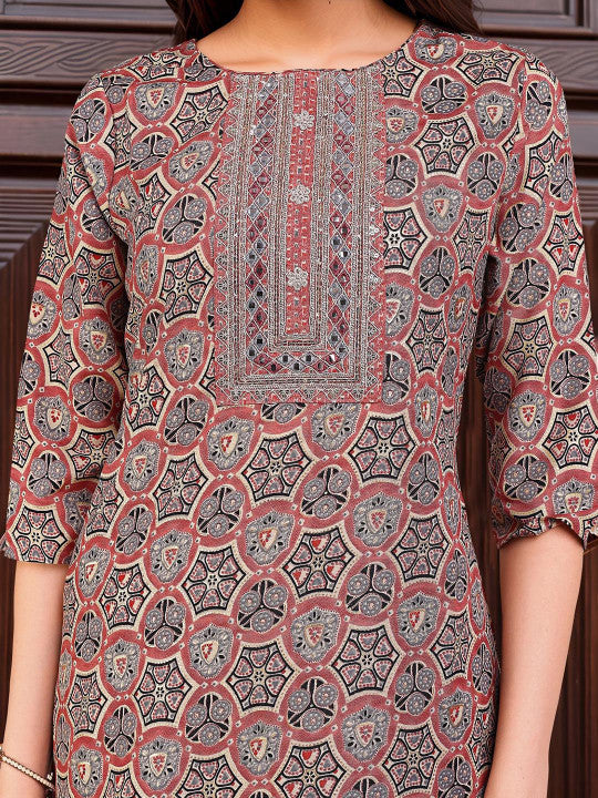 Banwaree Ethnic Motifs Printed Thread Work Straight Kurta With Trousers & Dupatta