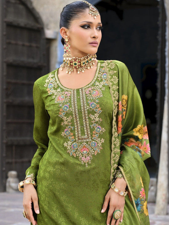 AUTUMN LANE Women Ethnic Motifs Embroidered Pure Cotton Kurta with Palazzos & Dupatta