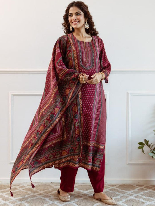Anouk Floral Printed Pure Silk Straight Kurta with Trousers & Dupatta