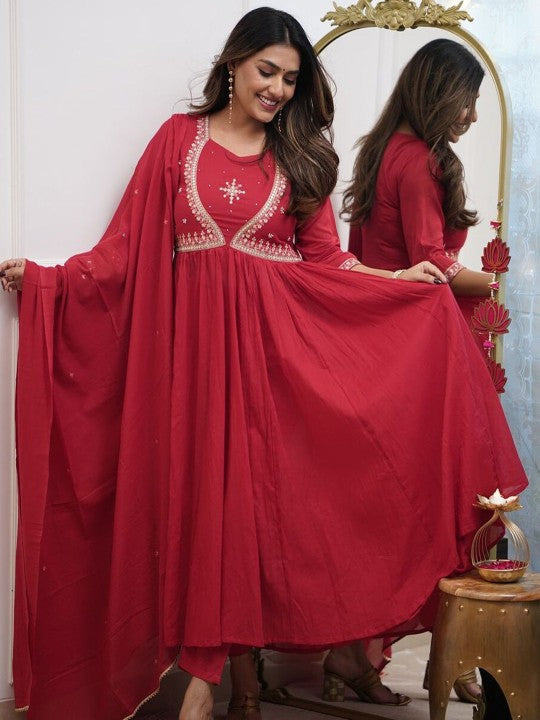 ASCIIBLUES Women Ethnic Motifs Embroidered Cotton Kurta with Trousers & Dupatta