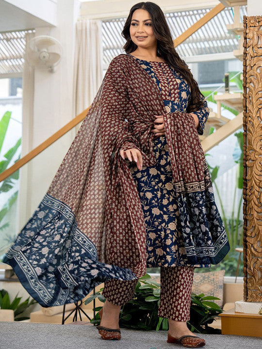 Yufta Floral Printed Round Neck Regular Pure Cotton Straight Kurta & Trouser With Dupatta