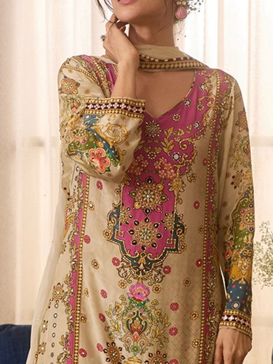Anouk Floral Embroidered V-Neck Mirror Work Straight Kurta With Palazzos & Dupatta