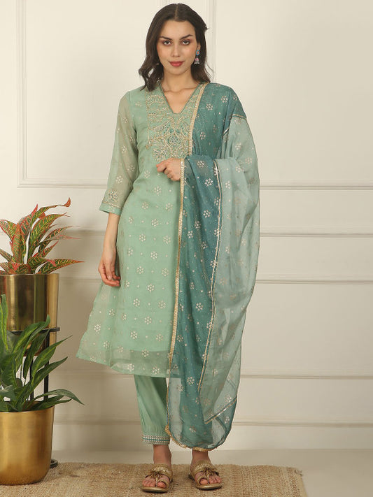 W Women Floral Embroidered V-Neck Zari Straight Kurta With Trousers & Dupatta