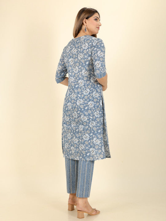 Aramya Floral Printed Notch Neck Pure Cotton A-Line Kurta With Trousers  & Dupatta
