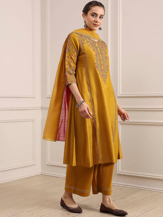 Biba Women Ethnic Motifs Embroidered A-Line Kurta with Palazzos & Dupatta