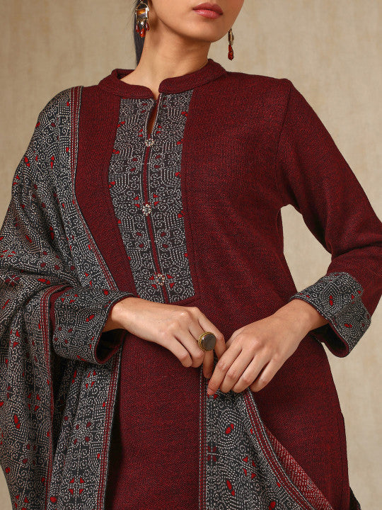 Floral Woven Design Acrylic Straight Kurta With Trouser & Dupatta