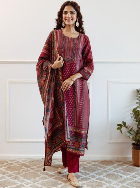 Anouk Floral Printed Pure Silk Straight Kurta with Trousers & Dupatta