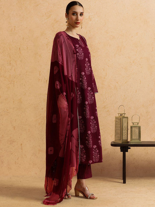 STYLEBAAZI Floral Printed Panelled Pure Cotton A-Line Kurta With Trousers & Dupatta