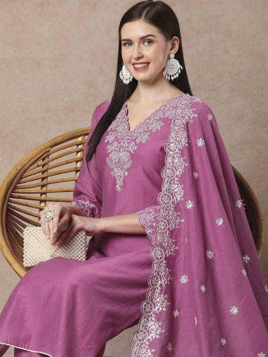 FASHOR Women Ethnic Motifs Embroidered Sequinned Pure Cotton Kurta