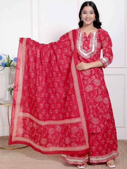 Doriyaan Women Floral Printed Regular Pure Cotton Kurta with Palazzos & With Dupatta