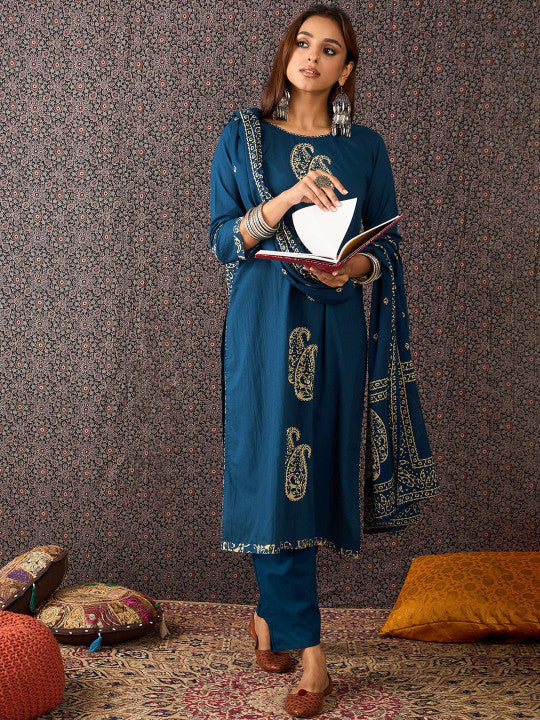Indo Era Printed Round Neck Thread Work Pure Cotton Straight Kurta With Trousers & Dupatta