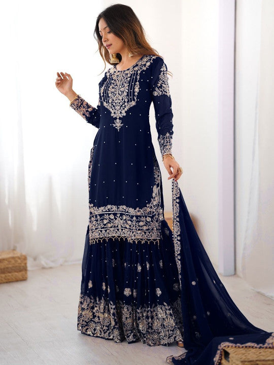Fusionic Women Ethnic Motifs Embroidered Beads and Stones Kurta with Sharara & Dupatta