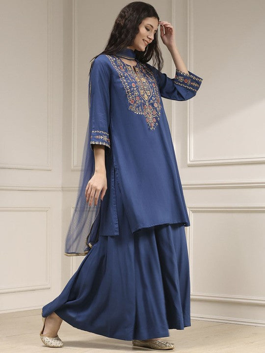 Biba Floral Yoke Design Notch Neck Sequinned Kurta With Palazzo & Dupatta