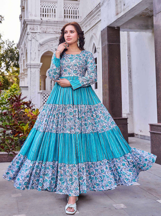 CHANSI Floral Printed Pleated Flared Maxi Dress