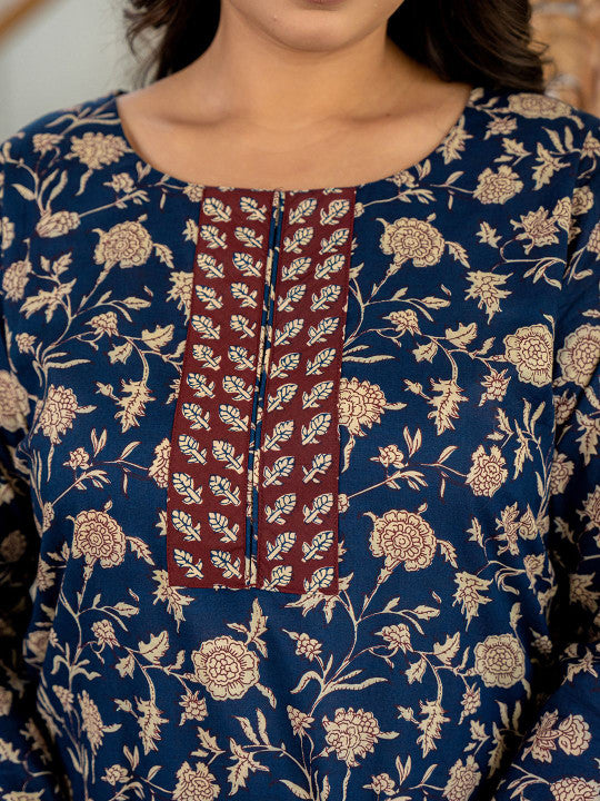 Yufta Floral Printed Round Neck Regular Pure Cotton Straight Kurta & Trouser With Dupatta