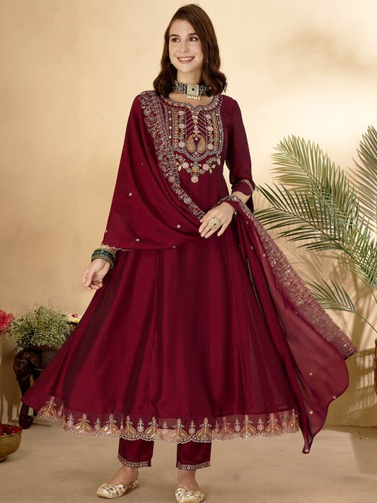 Anouk Maroon Ethnic Motifs Embroidered Sequinned Anarkali Kurta