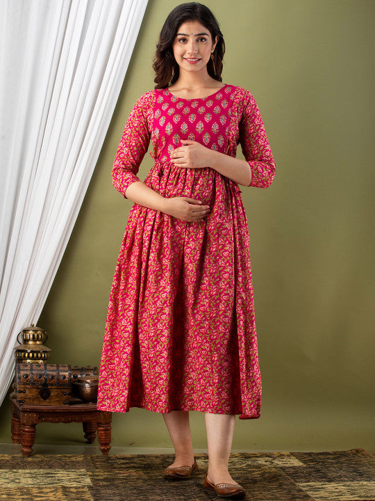 KURTI Ethnic Motifs Printed Round Neck Cotton Maternity Midi Ethnic Dresses