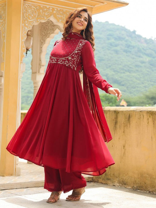 Janasya Floral Embroidered Georgette Anarkali Kurta