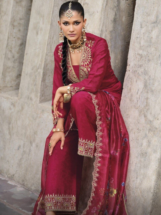 AUTUMN LANE Mrinal Rose Floral Yoke Design Pure Cotton Kurta with Palazzos & Dupatta