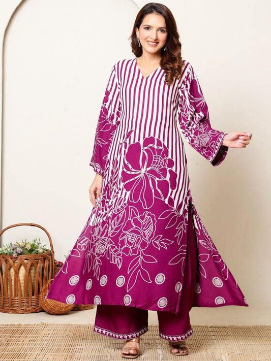 Banwaree Floral Printed V-Neck Tunic With Palazzo Co-Ords