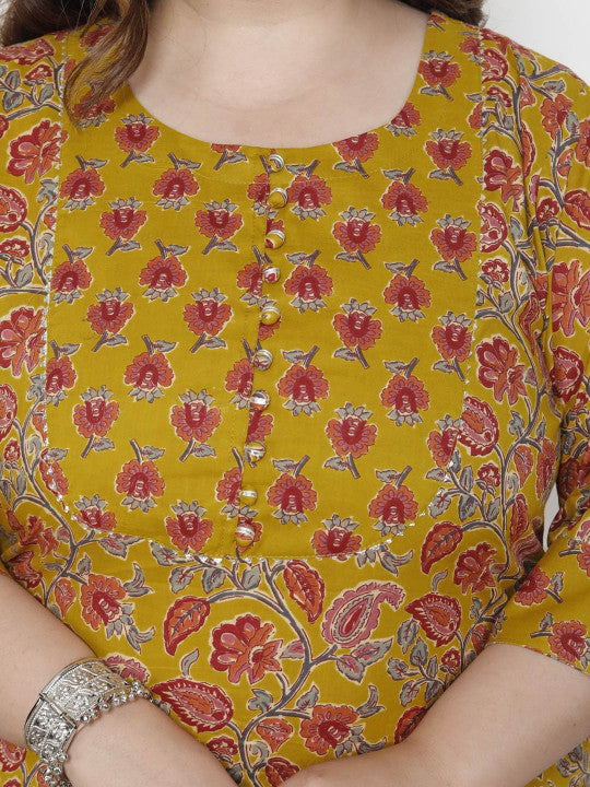 Swasti Women Floral Printed Regular Sequinned Pure Cotton Kurta with Trousers & With Dupatta