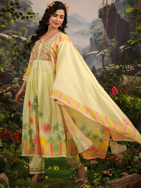 AARAAS Floral Printed V-Neck Pure Cotton Anarkali Kurta With Palazzos & Dupatta