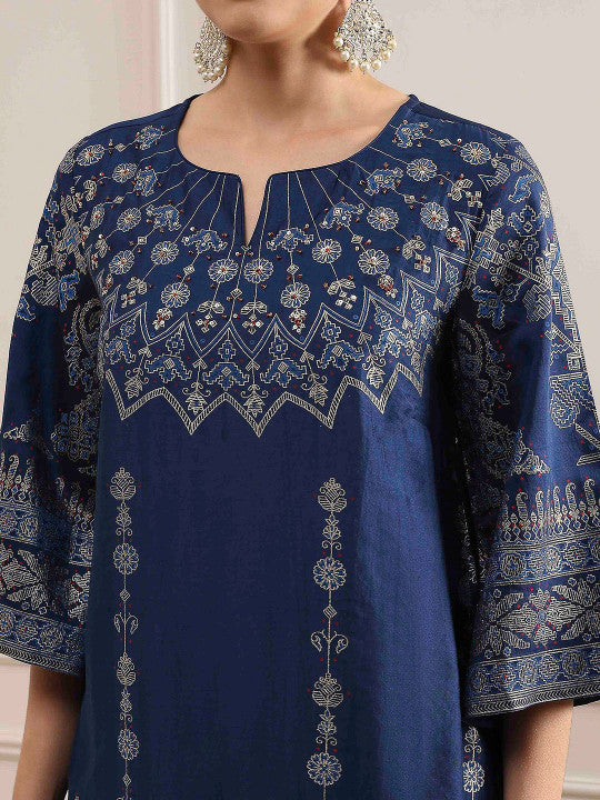 Biba Ethnic Motifs Printed Notch Neck Straight Kurta With Palazzos & Dupatta