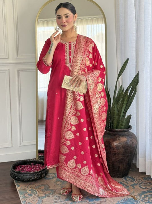 DEVATITHI Floral Embroidered Round Neck Straight Kurta With Trousers & Dupatta