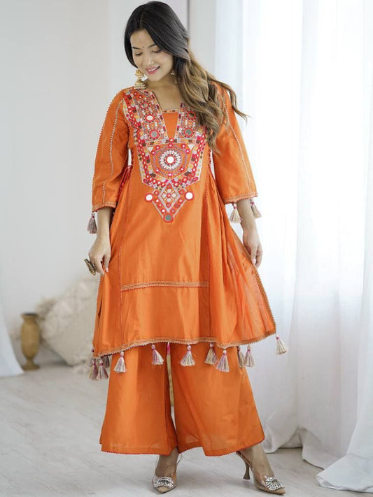 SWEETPEL Women Ethnic Motifs Embroidered Mirror Work Raw Silk Kurta with Palazzos