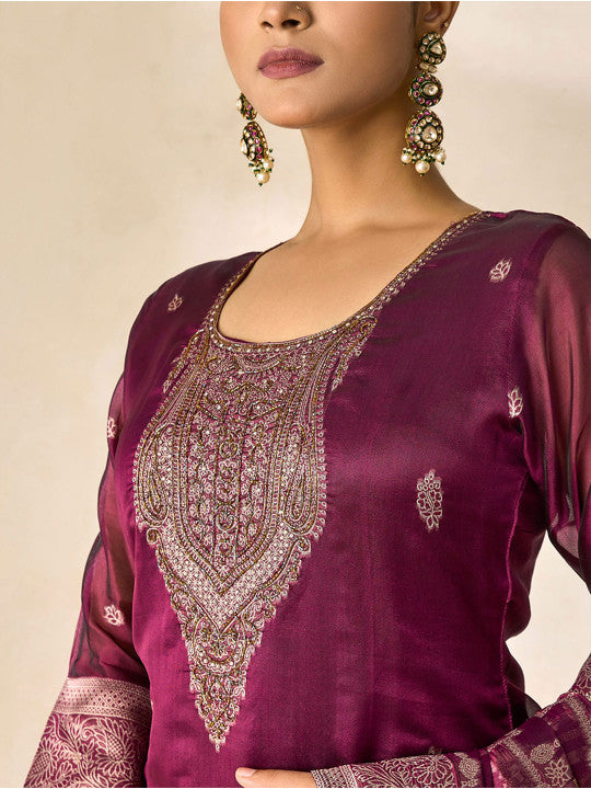 WOMEN PLUS Women Floral Embroidered Regular Beads and Stones Top with Trousers & Dupatta