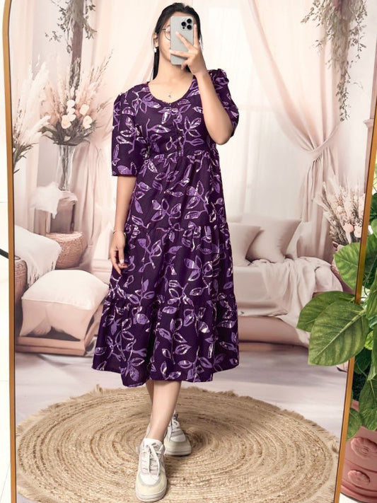 VenderVilla Floral Print Puff Sleeve Tiered Cotton Fit & Flare Midi Dress