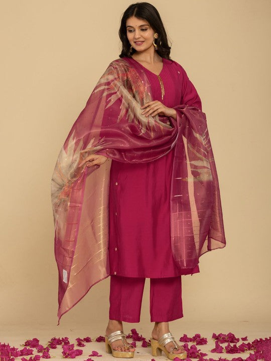 Do Dhaage V-Neck Sequinned Regular Straight Kurta with Trousers & Dupatta