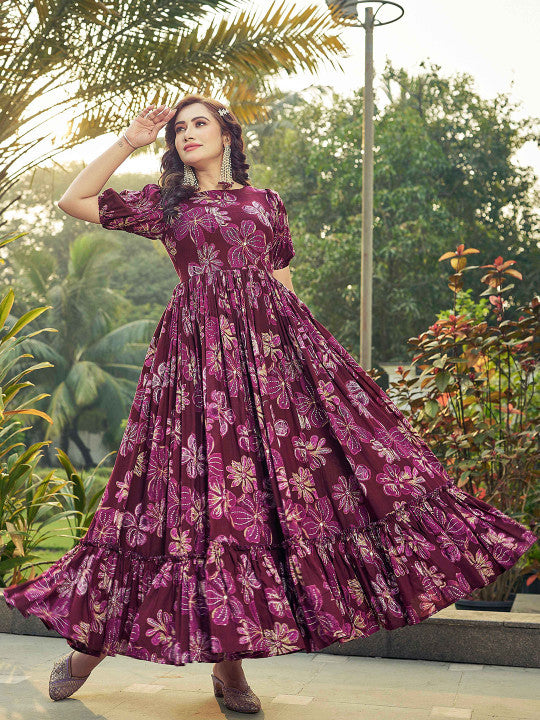 CHANSI Floral Printed Pleated Flared Maxi Dress