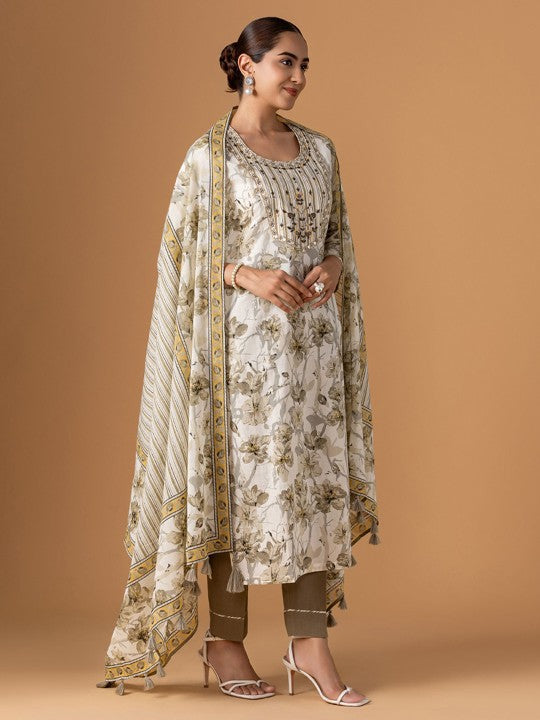 WOMEN PLUS Floral Printed Thread Work Pure Cotton Kurta With Trousers & Dupatta