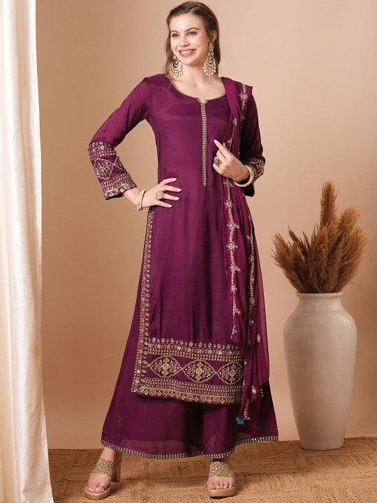 FASHOR Notch-Neck Floral Embroidered Straight Kurta