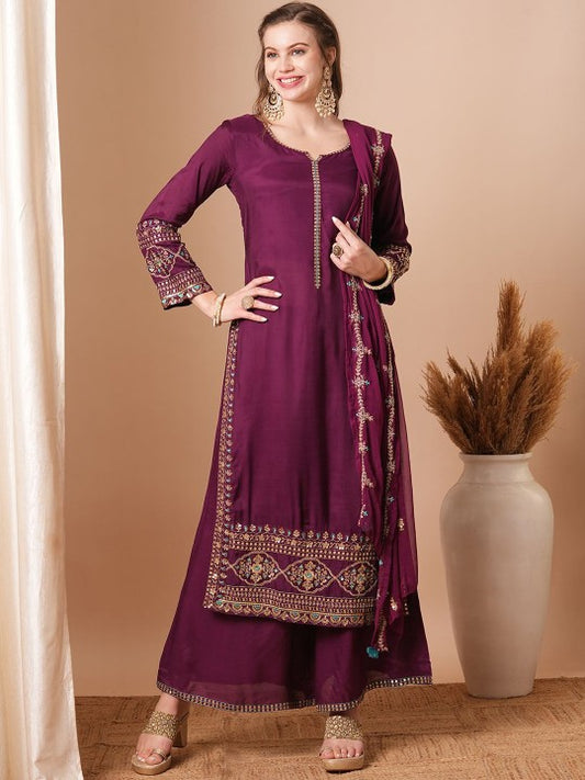 FASHOR Notch-Neck Floral Embroidered Straight Kurta