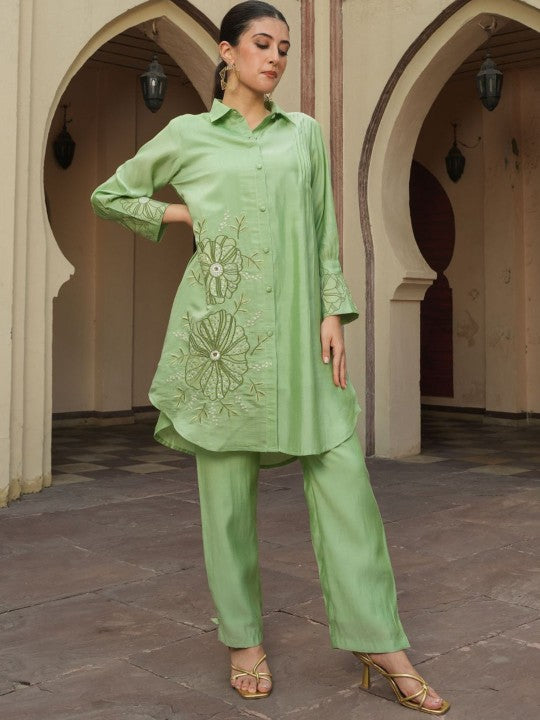 ANUSHEET Embroidered Shirt Collar Pure Muslin Tunic With Trouser