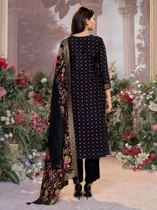 Floral Printed Thread Work Pure Silk Straight Kurta With Trousers & Dupatta