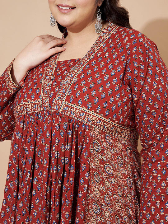 Vbuyz Plus Floral Printed Square Neck Cotton Maxi Ethinic Dress